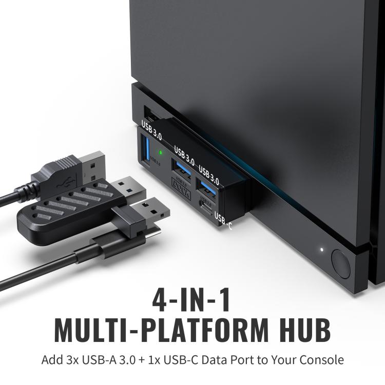 Black USB 3.0 mini hub side view with 3 USB-A and 1 USB-C ports and LED indicators.