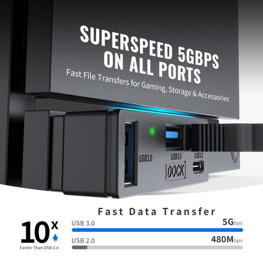 Black 4-port USB hub front panel with three blue USB-A ports and one USB-C port.
