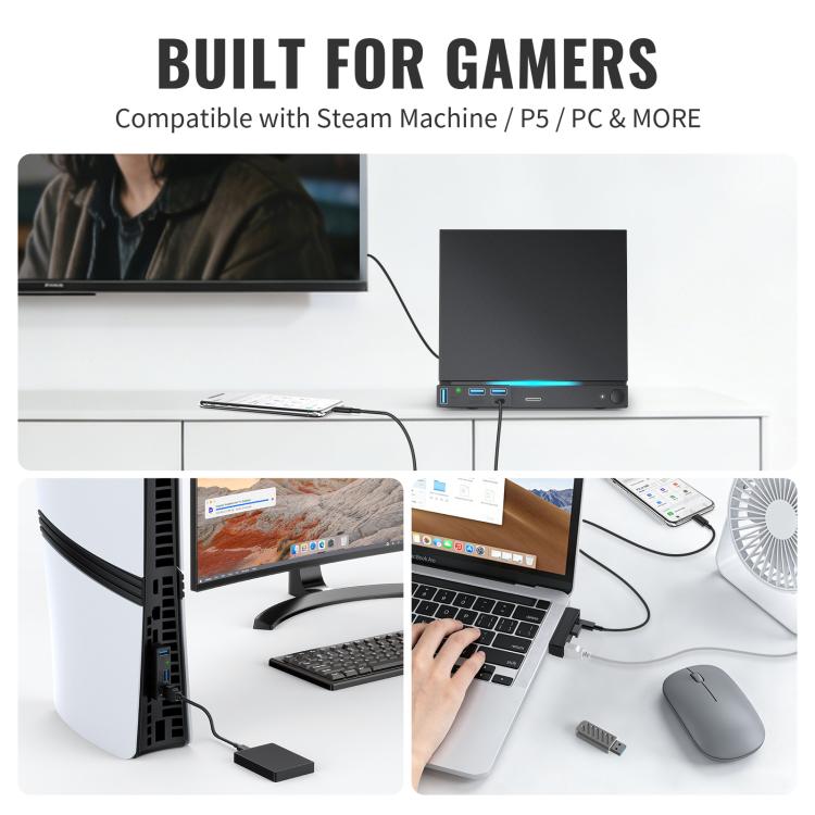 Black USB 3.0 mini hub connected to devices with multiple blue-lit USB-A ports.