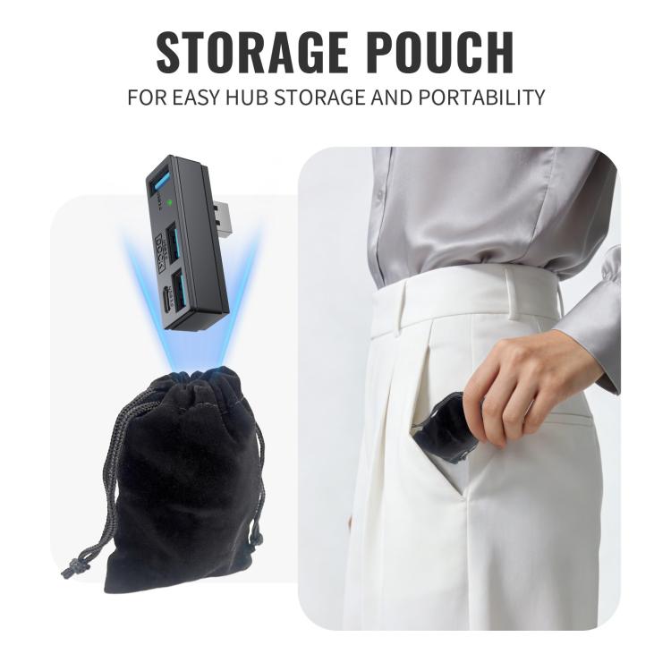 Black USB 3.0 hub and black storage pouch with drawstring for portability.