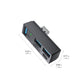 Black 4-port USB 3.0 mini hub with 3 USB-A and 1 USB-C; shows size dimensions.