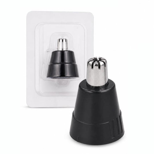 Replacement nose hair trimmer blade head with protective housing, chrome and black
