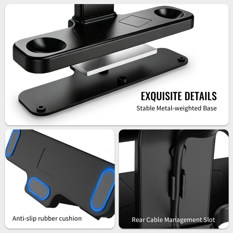 Black charging dock stand with anti-slip pads and rear cable management slot
