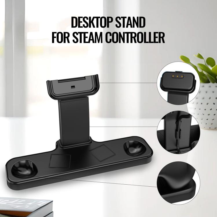 Black desktop stand with upright controller cradle and side charging port