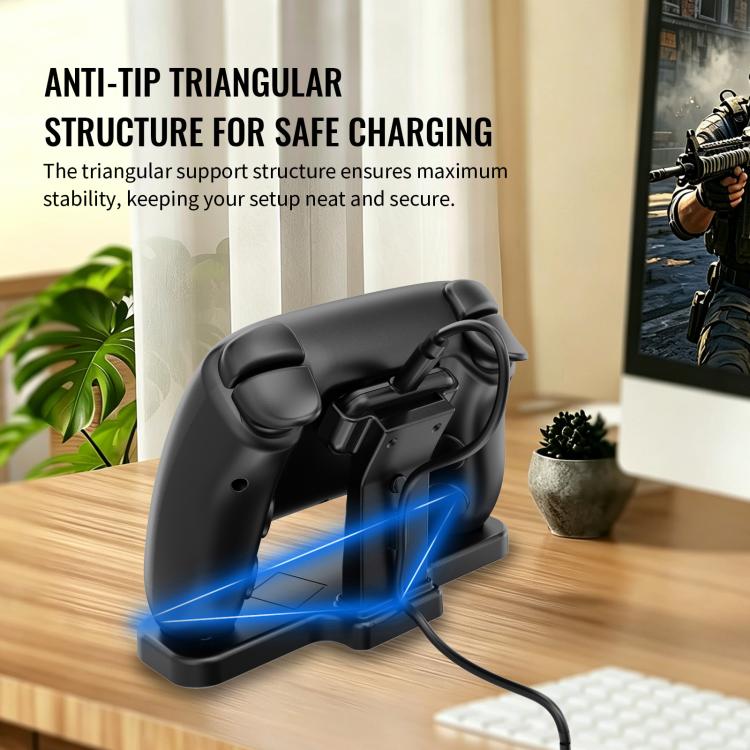 Black magnetic charging dock desktop stand with blue charging indicator glow