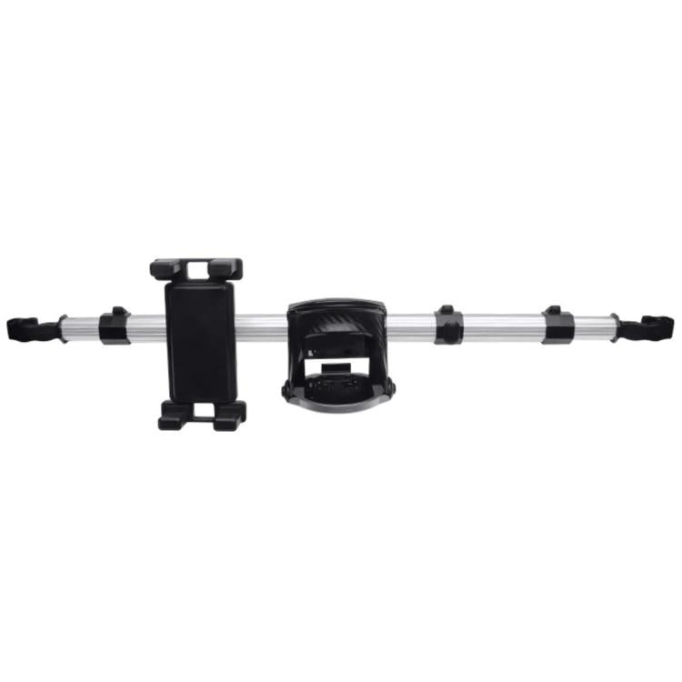 Car back phone and cup holder with aluminum tube, black clamp, and side hooks