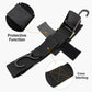 Black tie-down strap with protective pad, metal hook, and reinforced cross stitching