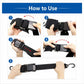 Hands showing how to tighten black tie-down straps with buckle and hooks