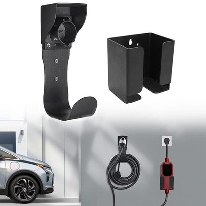 Black metal EV charger box holder bracket with J1772 holster and cable organizer