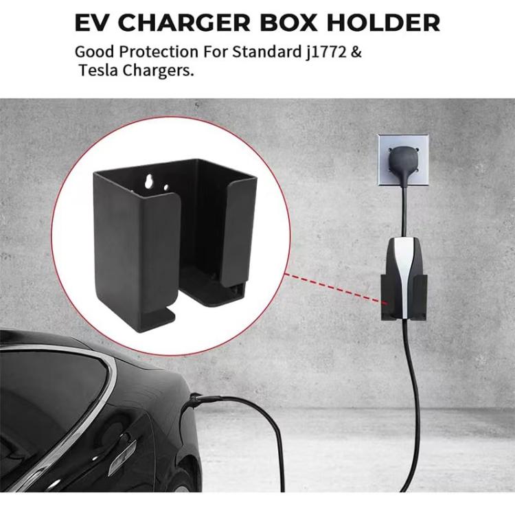 Black metal EV charger box holder bracket with protective front cover and wall mount