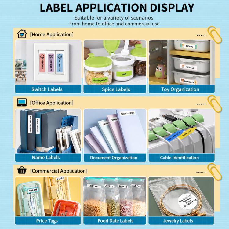Mint green label maker with label application display for home and office