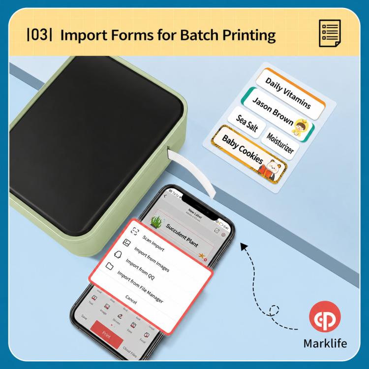 Mint green label maker with printed label feed on smartphone screen