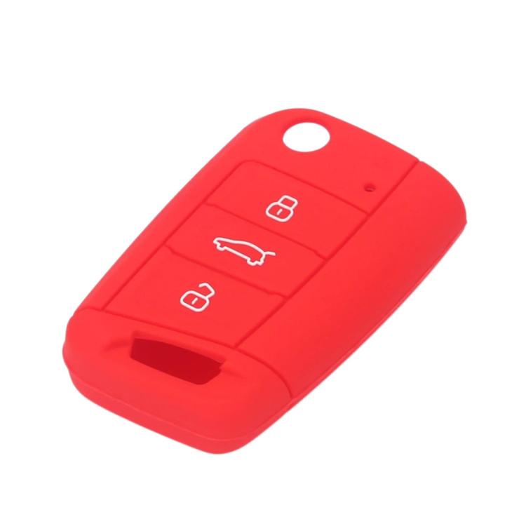 Silicone key cover in red with three-button icon panel and cutout for key blade