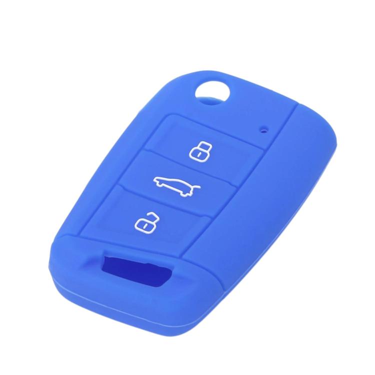 Silicone key cover in sea blue with three-button icon panel and cutout for key blade
