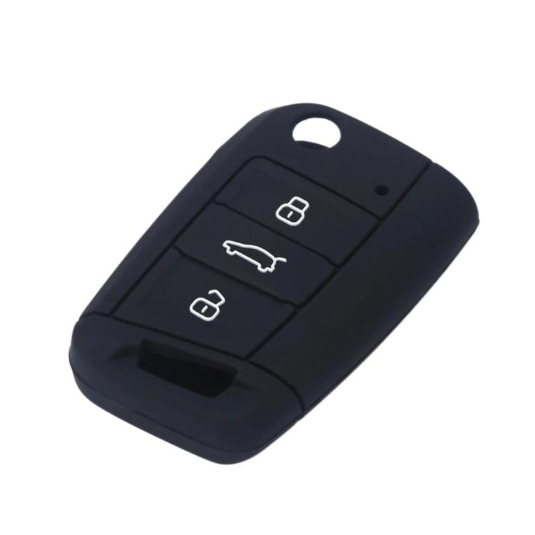 Silicone key cover in black with three-button icon panel and key blade cutout