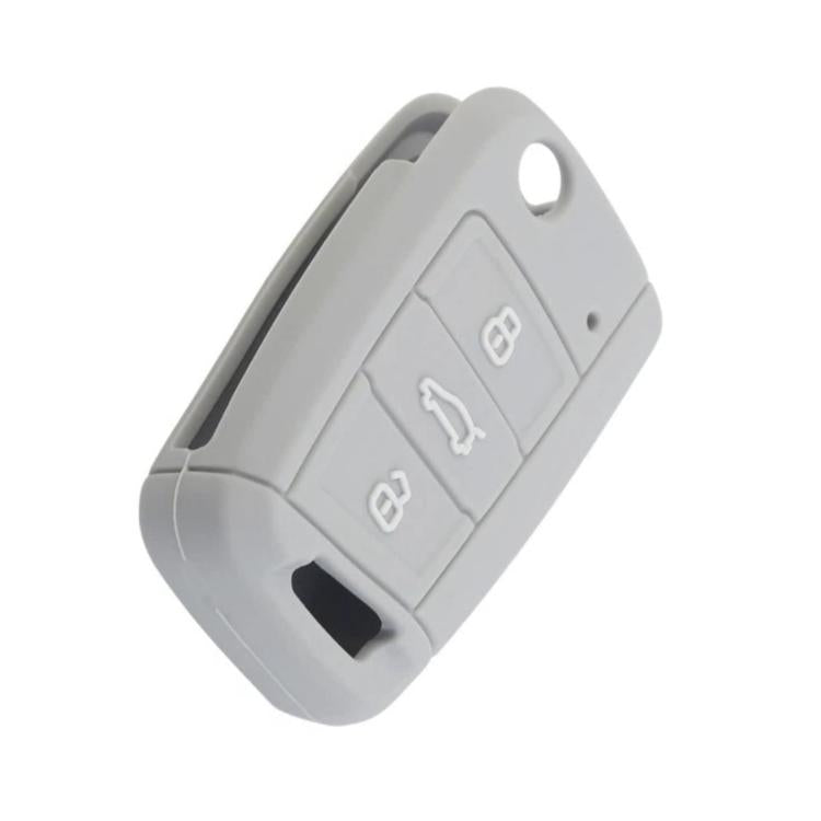 Silicone key cover in light gray with three-button icon panel and key blade cutout