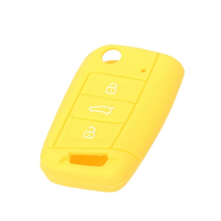 Silicone key cover in yellow with three-button icon panel and key blade cutout