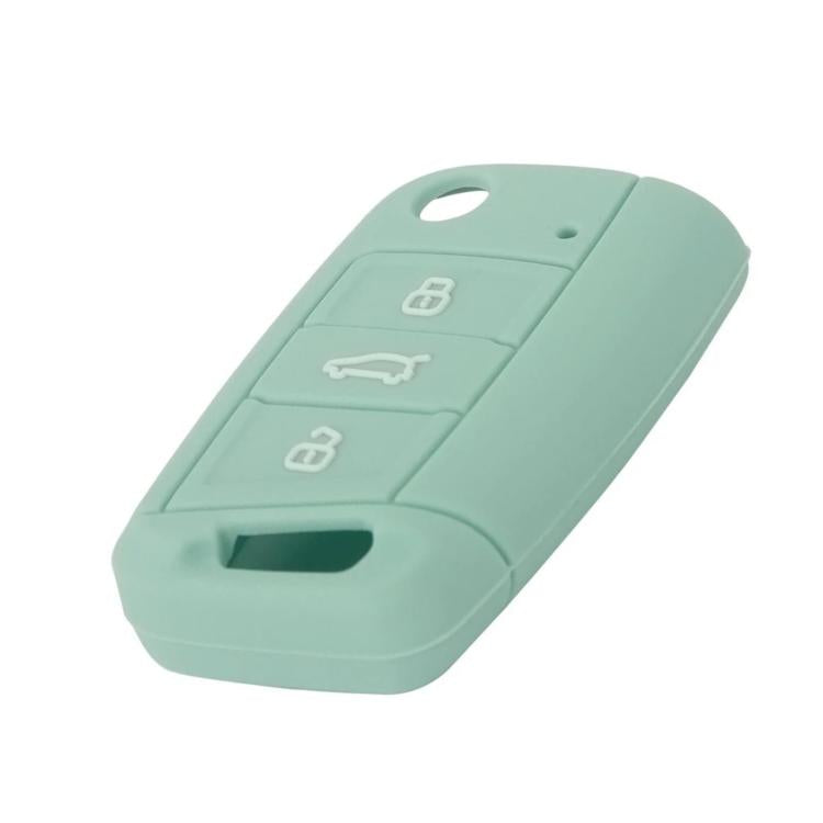 Light green silicone key cover with key ring hole and button cutouts