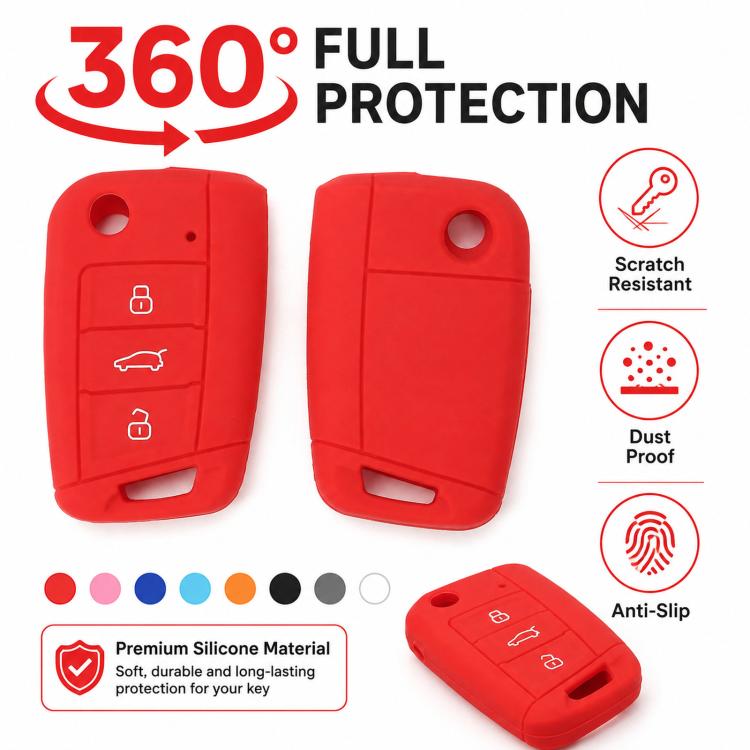 Red silicone car key cover with key ring hole, button cutouts, and grip