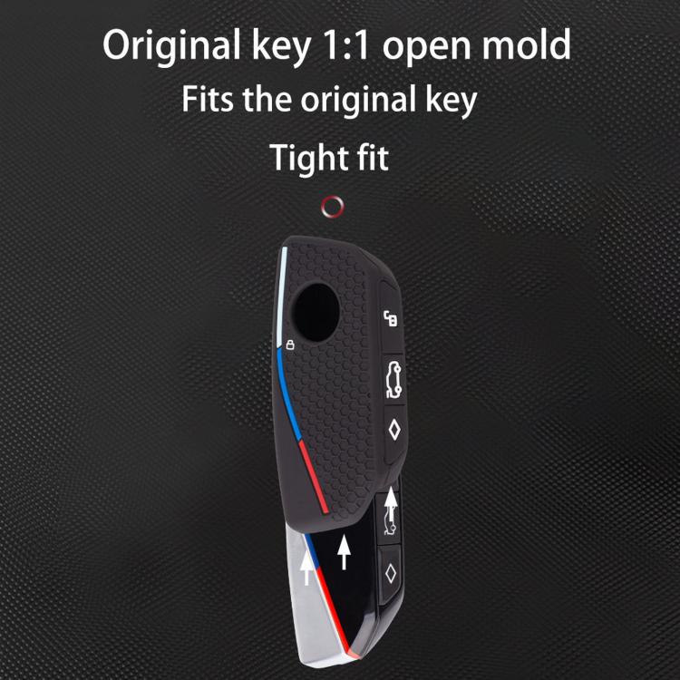 Black silicone key cover with honeycomb texture and side button cutouts, blue/red stripe