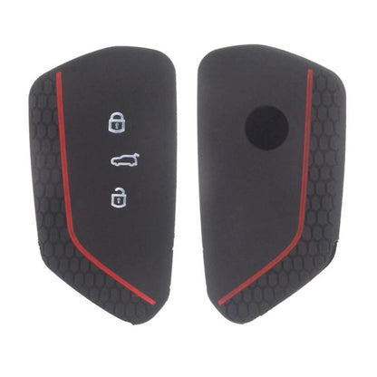 Silicone key fob cover set, black with red trim; button hole and key icons on front