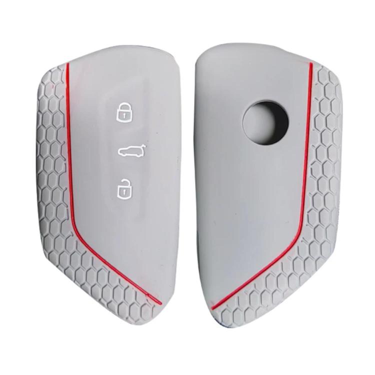 Silicone key fob cover set, white with red trim; button hole and lock icons
