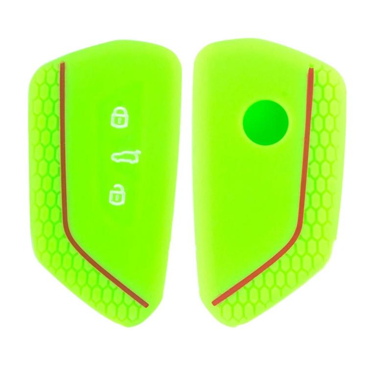 Silicone key fob cover set, neon green with red trim; button hole and lock icons