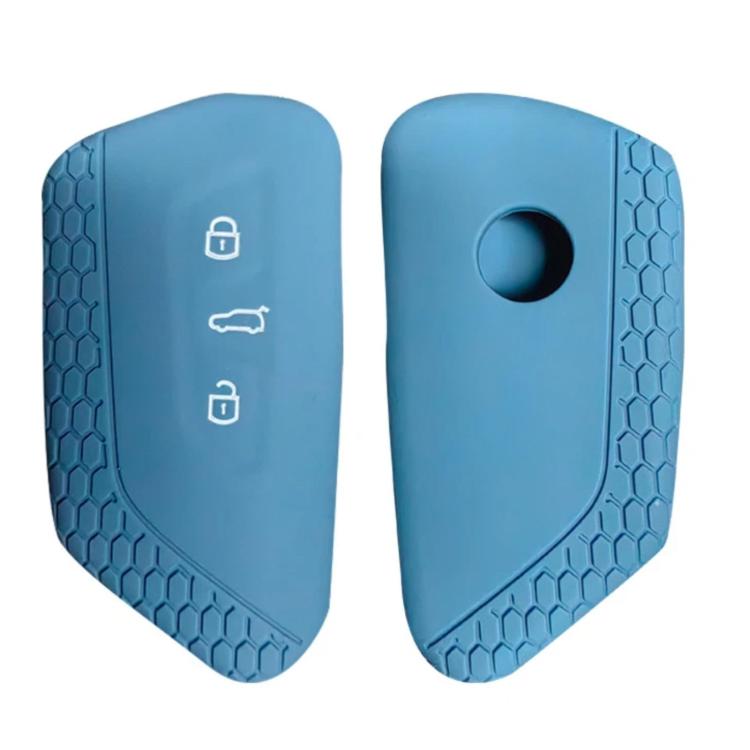 Silicone key fob cover set, blue with red trim; button hole and lock icons