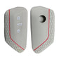 Silicone key fob cover set, light gray with red trim; button hole and lock icons