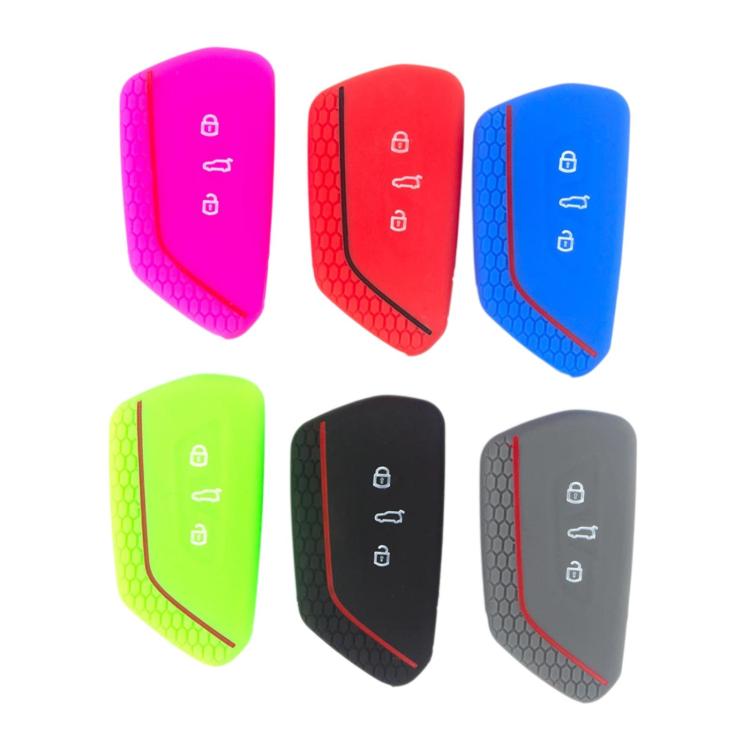Assorted silicone key fob covers in pink, red, blue, neon green, black, and gray