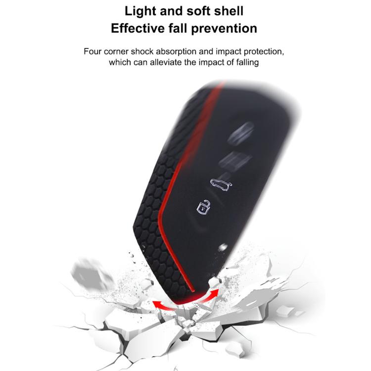 Black silicone key fob cover with red edge and honeycomb grip texture
