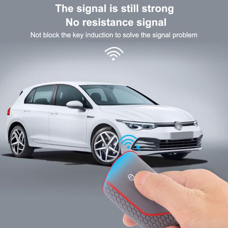 Light blue silicone key fob cover with red trim held near a car