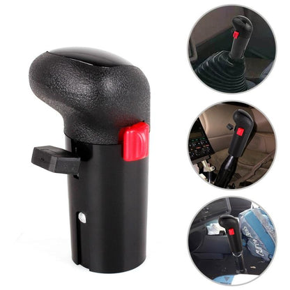 Black gear shift selector knob with red lock button and side linkage