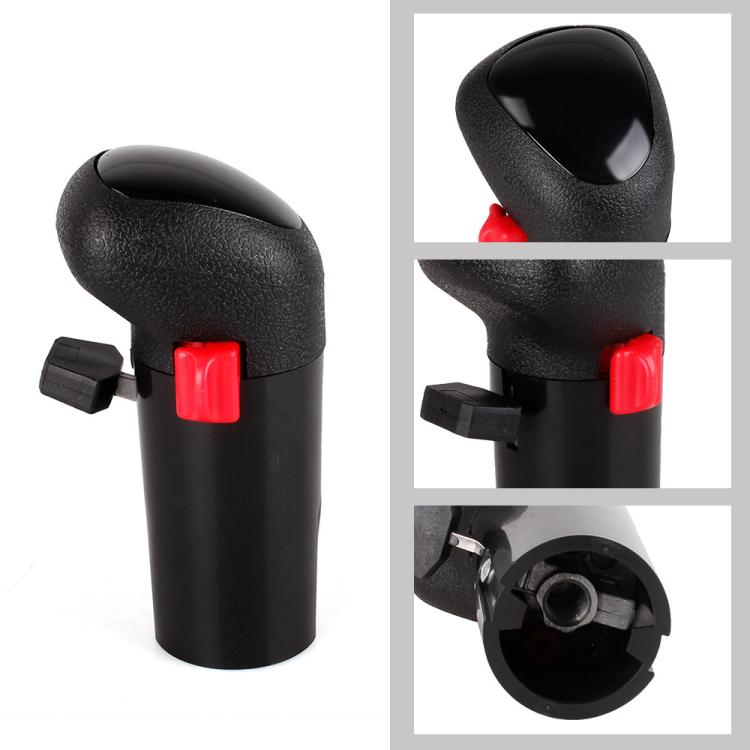 Black gear shift knob with red button, side lever, and base view