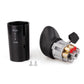 Black gear shift selector valve with textured knob and metal ports with red caps