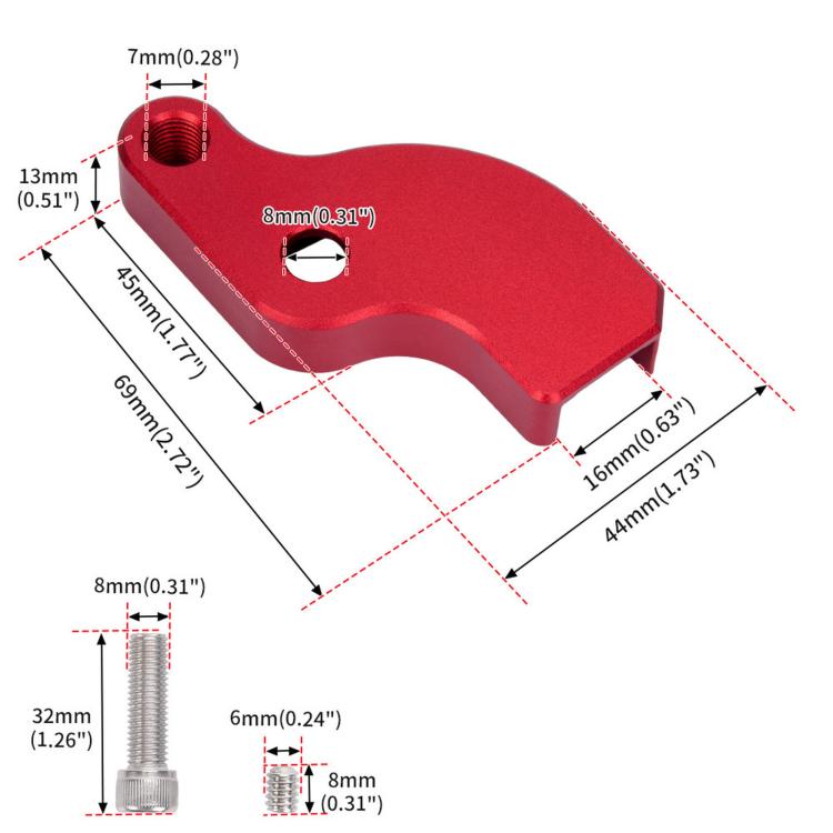 Red shift lever kit with sizing diagram and threaded mounting area, CNC metal lever