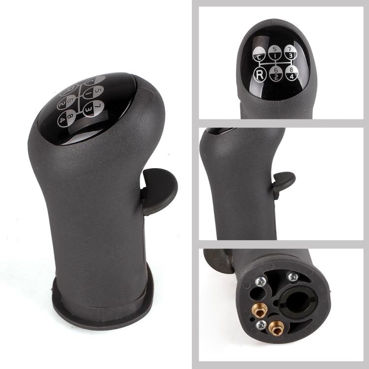 Black gear shift knob set, side view with thumb lever and top shift dial