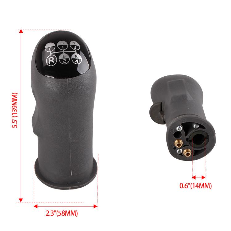 Black gear shift knob dimensions view, numbered dial top and threaded mounting base