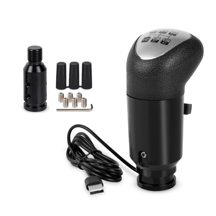 Black USB gear shift knob with braided cable, threaded adapter, and metal screws