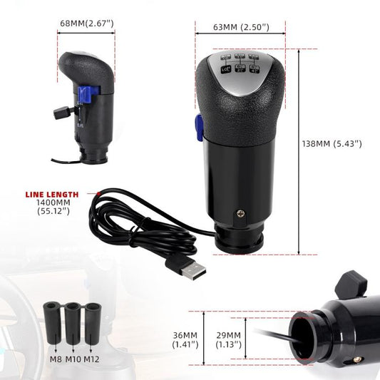 USB gear shift knob with cable, showing size measurements and adapter threads