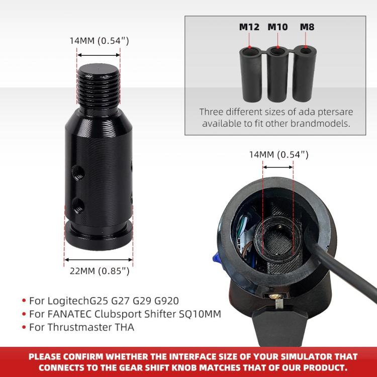 Black threaded interface adapter for gear shift knob, with sizing diagram and ports
