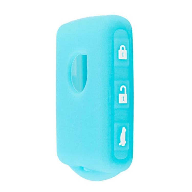 Silicone key fob cover, light blue color with key ring hole and lock button cutouts