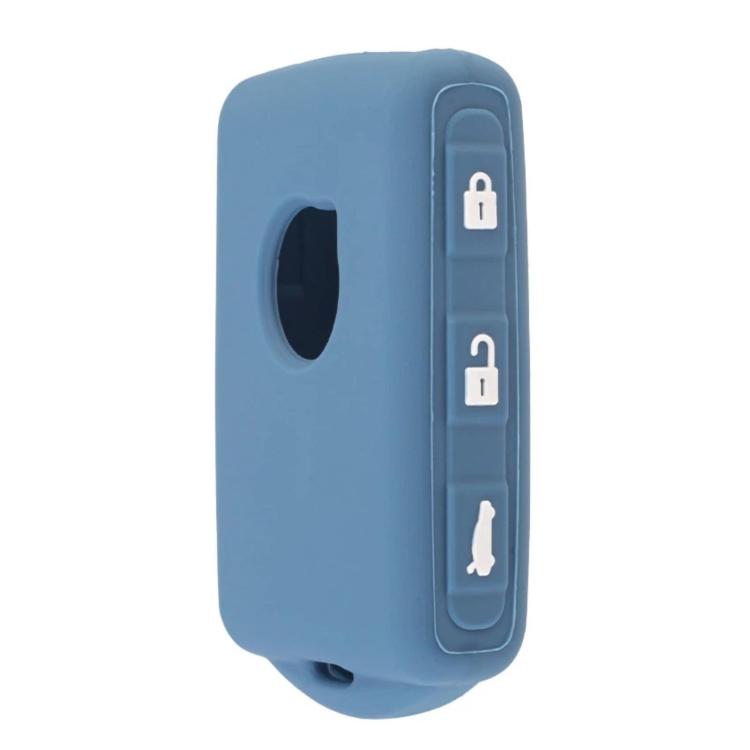 Silicone key fob cover, blue color with key ring hole and lock button cutouts