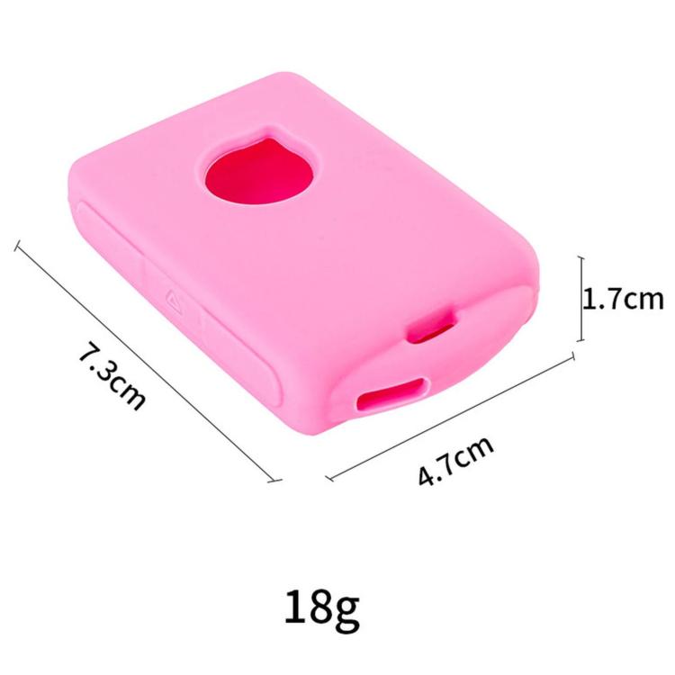 Silicone key fob cover, pink color with key ring hole and size dimensions shown