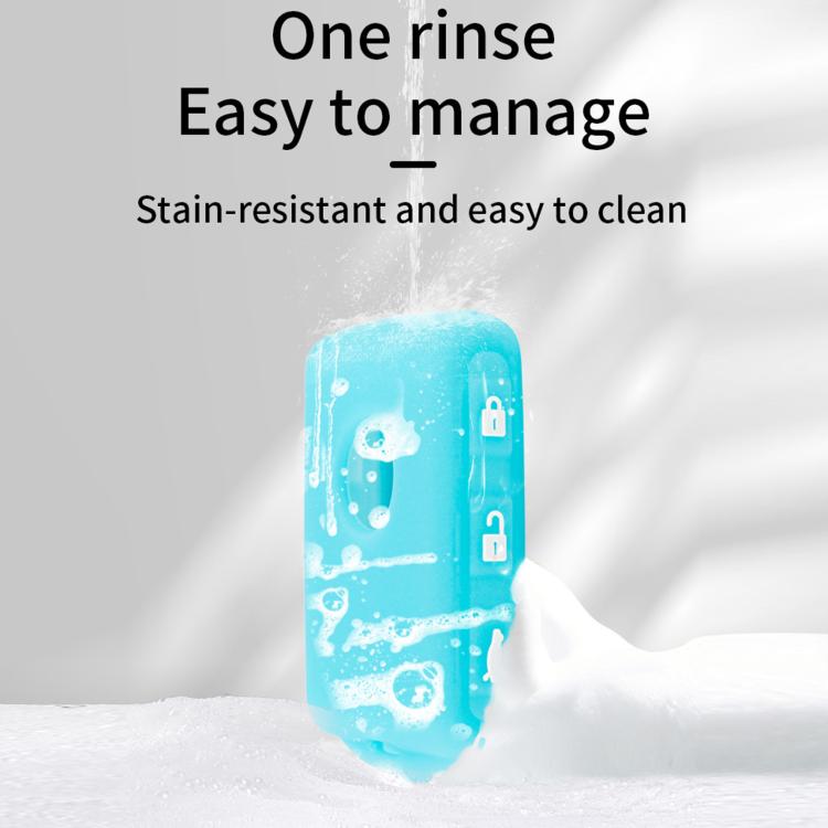 Light blue silicone key fob cover with lock cutouts, shown with water droplets