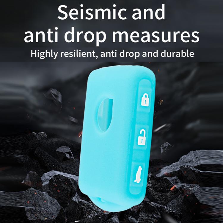 Blue silicone key fob cover with button openings and keyring hole