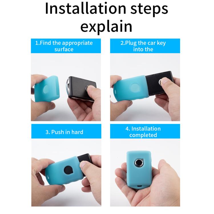Blue silicone key fob cover shown being fitted, with keyring and button cutouts