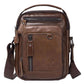 Coffee-brown leather vintage crossbody bag with front zip pocket and flap