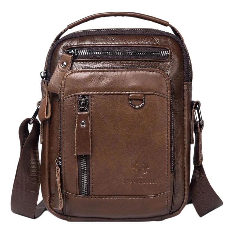 Coffee-brown leather vintage crossbody bag with front zip pocket and flap