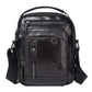 Black leather vintage crossbody shoulder bag with front zip pocket and flap